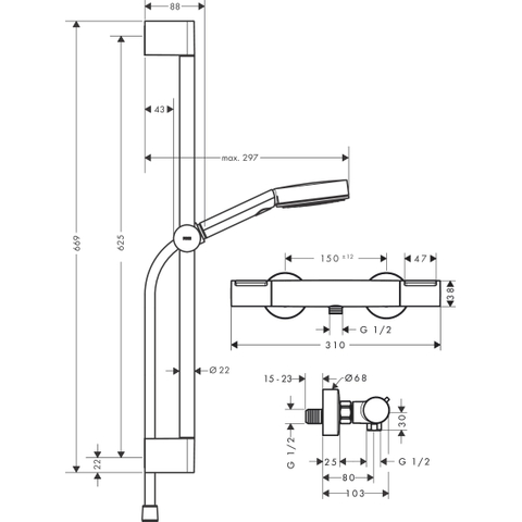 Hansgrohe Pulsify select s Douchesysteem - 105 - 3jet Relaxation - ecosmart - met Element en glijstang 65 cm - thermostaat - mat zwart SW1186277