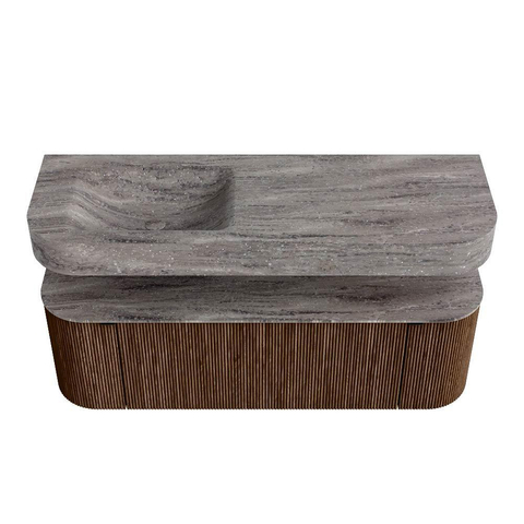 MONDIAZ THOR-DLUX 140cm badmeubel ronding links + rechts kleur Walnut met 1 lade en 2 deuren. Vrijhangende wastafel CLOUD Links 1 kraangat kleur Oza. SW1464260