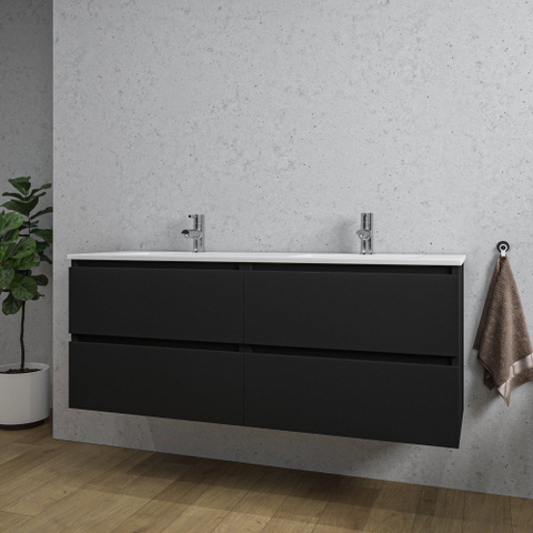Saniclass Chaci Meuble bas de salle de bain - 140x46x55cm - 4 tiroirs - sans poignée - lavabo en céramique blanc - 2 vasques - 2 trous de robinet - noir mat SW1171448