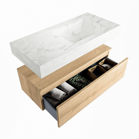 Mondiaz ALAN-DLUX Ensemble de meuble - 100cm - meuble Washed Oak mat - 1 tiroir - Lavabo Cloud Opalo suspendu - vasque Droite - 1 trou de robinet SW808812