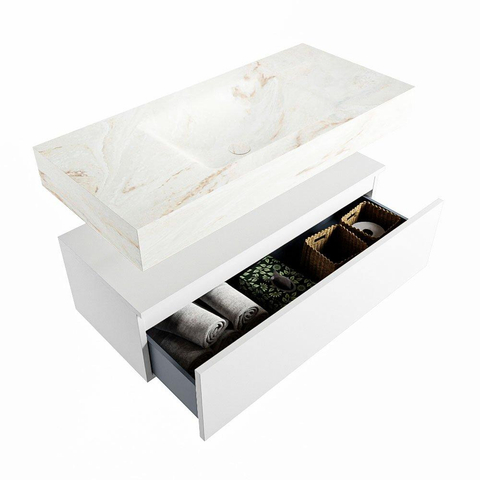 Mondiaz ALAN-DLUX Ensemble de meuble - 100cm - meuble Talc mat - 1 tiroir - Lavabo Cloud Frappe suspendu - vasque Centre - 1 trou de robinet SW804874