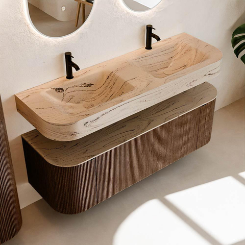 MONDIAZ THOR-DLUX 140cm meuble de salle de bains arrondi gauche + droite couleur Walnut avec 1 tiroir et 2 portes. Vasque suspendue CLOUD Double 2 trous de robinet couleur Arena. SW1464366