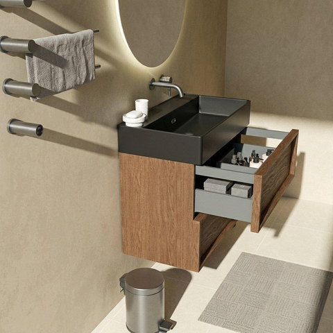 Saniclass Holz Frame Badkamermeubelset - 80x45x72cm - Legend keramische wastafel mat zwart - 1 wasbak - zonder kraangat - 2 lades - mat walnut pure (hout) SW1580123