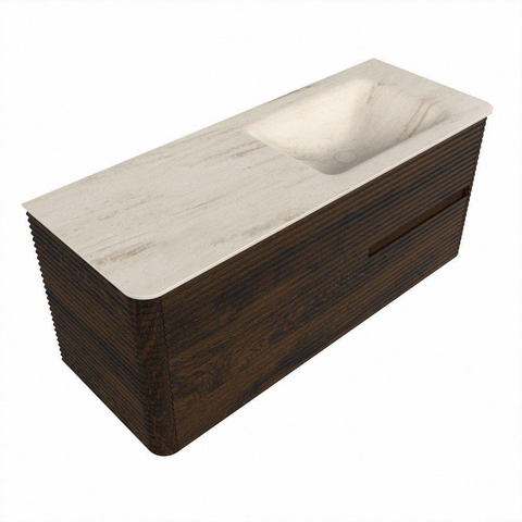 Mondiaz CIRO-DLUX Badkamermeubelset - 120x45x50cm - Solid surface wastafel Meli - 1 wasbak Rechts - zonder kraangaten - 2 lades - Walnut SW1530491