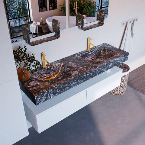 Mondiaz ALAN-DLUX Ensemble de meuble - 150cm - meuble Talc mat - 2 tiroirs - Lavabo Cloud Lava suspendu - vasque gauche et droite - 2 trous de robinet SW807978