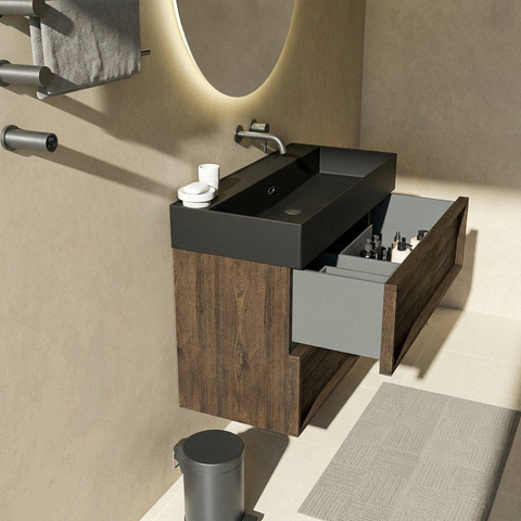 Saniclass Holz Frame Badkamermeubelset - 100x45x72cm - Legend keramische wastafel mat zwart - 1 wasbak - zonder kraangat - 2 lades - mat eiken charcoal (hout) SW1580092