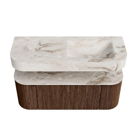 MONDIAZ THOR-DLUX 120cm meuble de salle de bains arrondi gauche + droite couleur Walnut avec 1 tiroir et 2 portes. Vasque suspendue CLOUD droite sans trou de robinet couleur Frappe. SW1463208