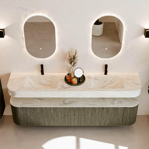MONDIAZ THOR-DLUX 200cm meuble de salle de bains arrondi gauche + droite couleur Shadow avec 2 tiroirs et 2 portes. Vasque suspendue CLOUD Double 2 trous de robinet couleur Ostra. SW1467051