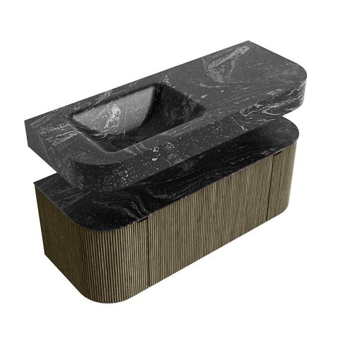 MONDIAZ THOR-DLUX 120cm meuble de salle de bains arrondi gauche + droite couleur Shadow avec 1 tiroir et 2 portes. Vasque suspendue CLOUD Gauche sans trou de robinet couleur Lava. SW1463144
