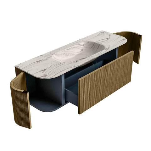 MONDIAZ KURVE-DLUX Meuble de salle de bains 140cm arrondi Gauche + Droite couleur Dusk avec 1 tiroir et 2 portes. Lavabo BIG SMALL Central 1 trou de robinet Nata. SW1432382
