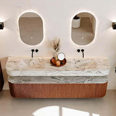 MONDIAZ THOR-DLUX 200cm meuble de salle de bains arrondi gauche + droite couleur Ruby avec 2 tiroirs et 2 portes. Vasque suspendue CLOUD Double sans trou de robinet couleur Glace. SW1466882