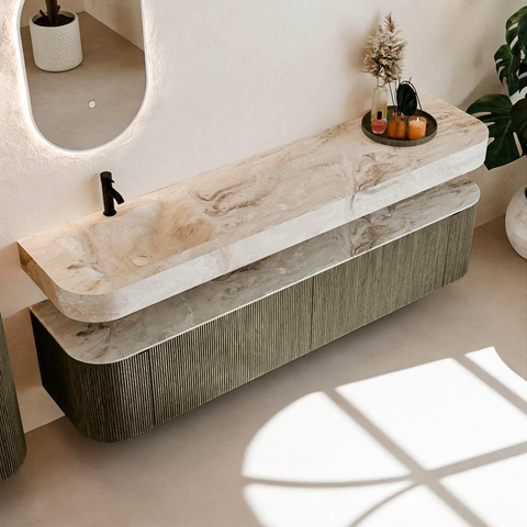 MONDIAZ THOR-DLUX Meuble de salle de bains - 200cm - arrondi gauche + droite - couleur Shadow - 2 tiroirs - 2 portes - Vasque suspendue CLOUD Gauche 1 trou de robinet - couleur Frappe SW1467020