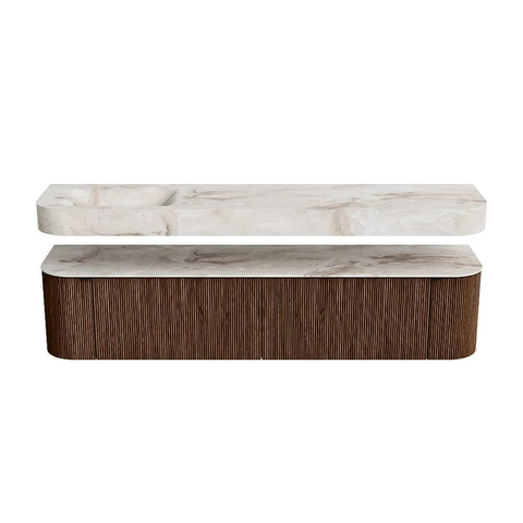 MONDIAZ THOR-DLUX 200cm badmeubel ronding links + rechts kleur Walnut met 2 lades en 2 deuren. Vrijhangende wastafel CLOUD Links zonder kraangat kleur Frappe. SW1466969