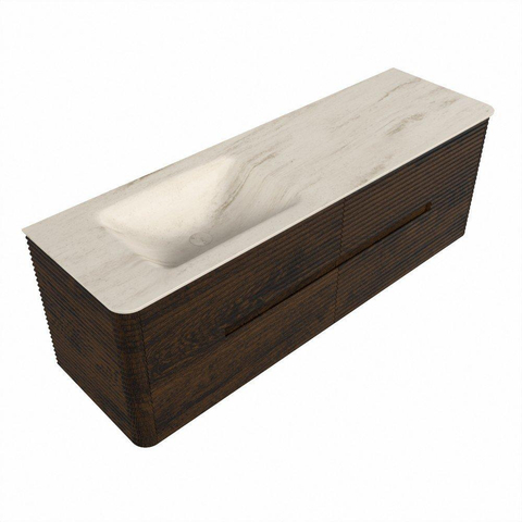 Mondiaz CIRO-DLUX Meuble de salle de bains - 150x45x50cm - Plan-vasque solid surface Meli - 1 vasque à gauche - 1 trou de robinet - 4 tiroirs - Noyer SW1530519