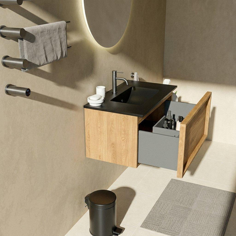 Saniclass Holz Frame Badkamermeubelset - 80x45x42cm - Vygo keramische wastafel zwart - 1 wasbak - 1 kraangat - 1 lade - mat eiken natural (hout) SW1478959