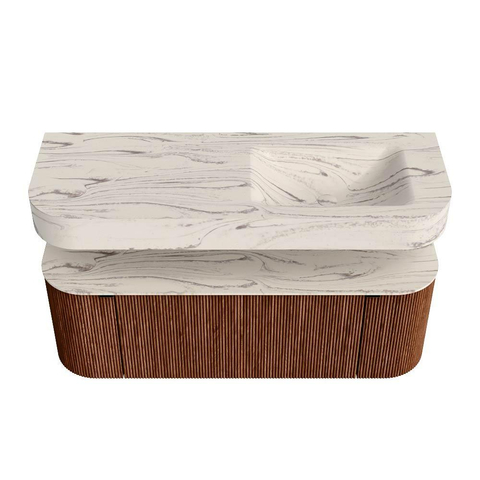 MONDIAZ THOR-DLUX 130cm meuble de salle de bains arrondi gauche + droite couleur Ruby avec 1 tiroir et 2 portes. Vasque suspendue CLOUD Droite 1 trou de robinet couleur Nata. SW1463877