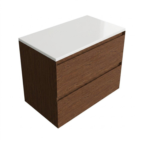 Saniclass Holz Pure Ensemble de meubles de salle de bains - 80x45x62.5cm - plan de toilette Torino en solid surface blanc - sans trou de robinetterie - 2 tiroirs - walnut pure mat (bois) SW1478702