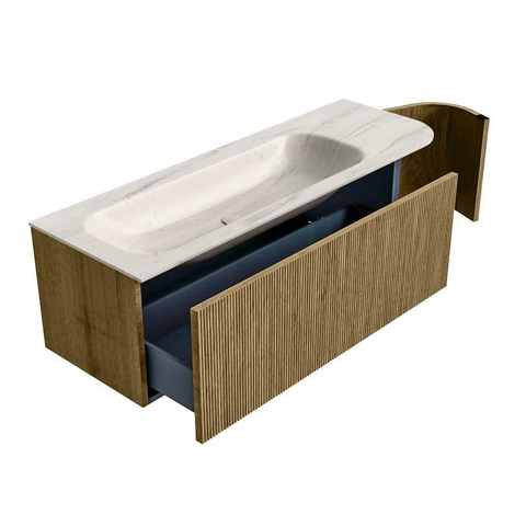MONDIAZ KURVE-DLUX 135cm badmeubel ronding Rechts kleur Dusk met 1 lade en 1 deur. Wastafel BIG MEDIUM Links 1 kraangat Meli. SW1431897