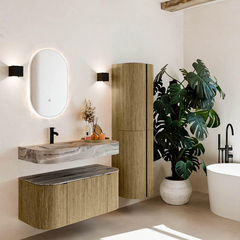MONDIAZ THOR-DLUX 100cm meuble de salle de bains arrondi gauche + droite couleur Dusk avec 1 tiroir et 2 portes. Vasque suspendue CLOUD Gauche 1 trou de robinet couleur Sombra. SW1467623