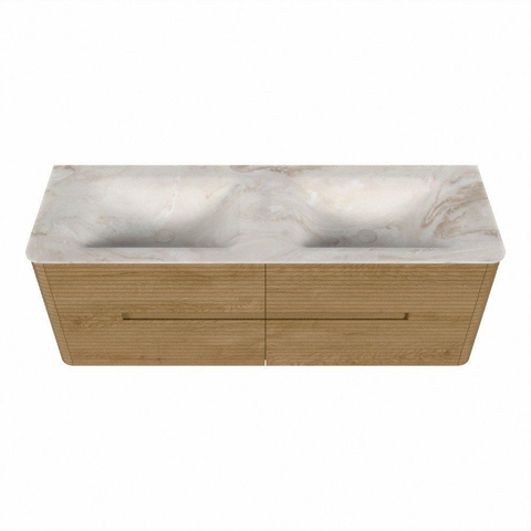 Mondiaz CIRO-DLUX Badkamermeubelset - 140x45x50cm - Solid surface wastafel Frappe - 2 wasbak Dubbel - 2 kraangaten - 4 lades - Oak SW1530869