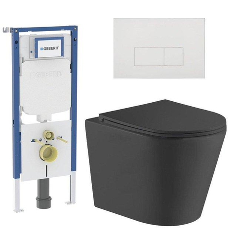 QeramiQ Dely Toiletset - 36.3x51.7cm - diepspoel - rimless - Geberit UP720 inbouwreservoir - softclose toiletzitting - glans witte bedieningsplaat - rechtehoekige knoppen - met Burda frame - mat zwart SW1428225