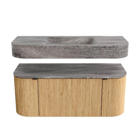 MONDIAZ THOR-DLUX 110cm badmeubel ronding links + rechts kleur Oak met 1 lade en 2 deuren. Vrijhangende wastafel CLOUD Midden 1 kraangat kleur Oza. SW1462960