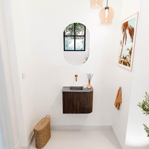 Mondiaz JOYA-DLUX 51.6cm toiletmeubel - ronding rechts kleur Walnut - Wastafel FAYE positie Links Zonder kraangat kleur Sombra. SW1424740