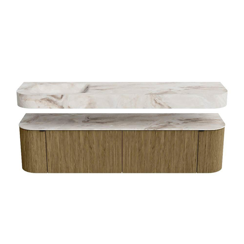MONDIAZ THOR-DLUX 180cm meuble de salle de bains arrondi gauche + droite couleur Dusk avec 2 tiroirs et 2 portes. Vasque suspendue CLOUD Gauche sans trou de robinet couleur Frappe. SW1465961
