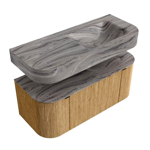 MONDIAZ THOR-DLUX 110cm meuble de salle de bains arrondi gauche + droite couleur Oak avec 1 tiroir et 2 portes. Vasque suspendue CLOUD Droite 1 trou de robinet couleur Sombra. SW1463040