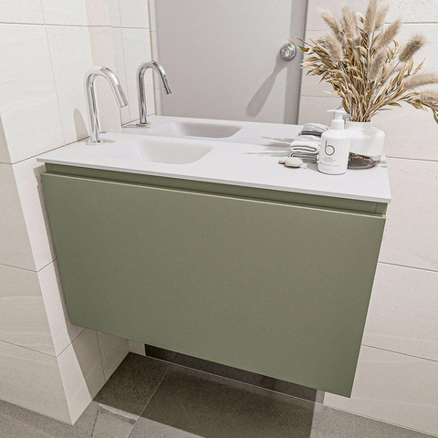 MONDIAZ OLAN Fonteinset - 80x30x40cm - 1 kraangat - 1 lade - army mat - wasbak links - Solid Surface Wit OUT13715