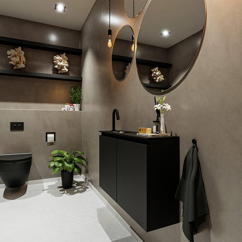 MONDIAZ TURE Kit lave-mains - 80x23x50cm - 1 trou de robinet - 2 portes - urban mat - Lavabo à gauche - Solid Surface Noir SW475257