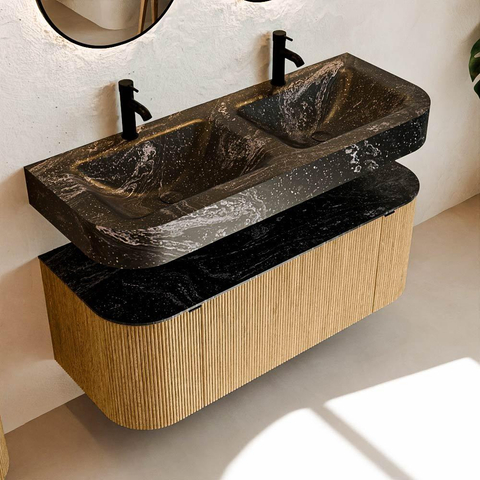 MONDIAZ THOR-DLUX 120cm meuble de salle de bains arrondi gauche + droite couleur Oak avec 1 tiroir et 2 portes. Vasque suspendue CLOUD Double 2 trous de robinet couleur Lava. SW1463088