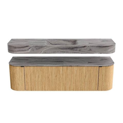 MONDIAZ THOR-DLUX 160cm meuble de salle de bains arrondi gauche + droite couleur Oak avec 1 tiroir et 2 portes. Vasque suspendue CLOUD Milieu 1 trou de robinet couleur Sombra. SW1465367