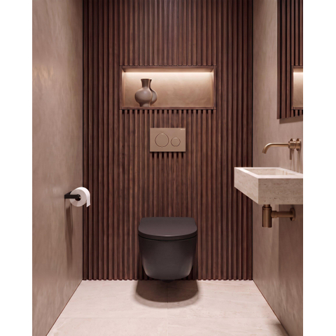 QeramiQ Dely Swirl Toiletset - 36.3x51.7cm - Geberit UP720 Duofix Sigma inbouwreservoir - slim zitting - bedieningsplaat taupe - ronde knoppen - mat zwart SW1413178