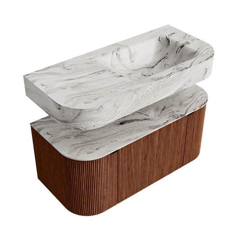 MONDIAZ THOR-DLUX 100cm meuble de salle de bains arrondi gauche + droite couleur Ruby avec 1 tiroir et 2 portes. Vasque suspendue CLOUD Droite 1 trou de robinet couleur Glace. SW1467417