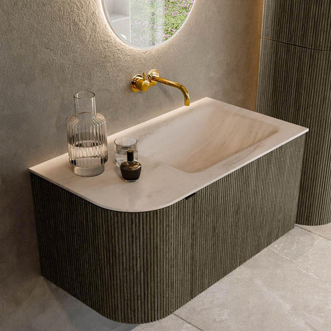 MONDIAZ KURVE-DLUX Meuble de salle de bains 85 cm arrondi à gauche couleur Shadow avec 1 tiroir et 1 porte. Plan-vasque CLOUD à droite sans trou de robinet Meli. SW1431749