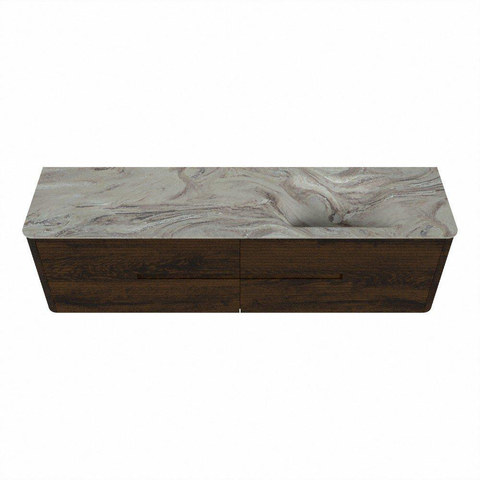 Mondiaz CIRO-DLUX Badkamermeubelset - 180x45x50cm - Solid surface wastafel Glace - 1 wasbak Rechts - 1 kraangat - 4 lades - Walnut SW1530286