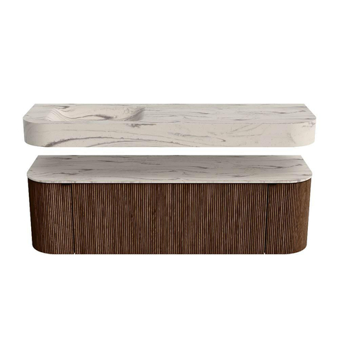 MONDIAZ THOR-DLUX 150cm meuble de salle de bains arrondi gauche + droite couleur Walnut avec 1 tiroir et 2 portes. Vasque suspendue CLOUD Gauche 1 trou de robinet couleur Nata. SW1464806