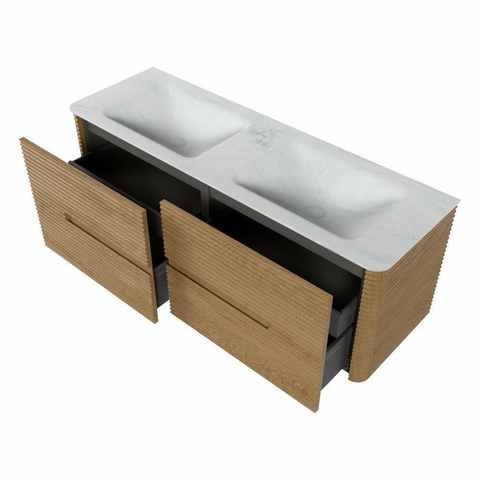 Mondiaz CIRO-DLUX Badkamermeubelset - 140x45x50cm - Solid surface wastafel Opalo - 2 wasbak Dubbel - zonder kraangaten - 4 lades - Oak SW1531069