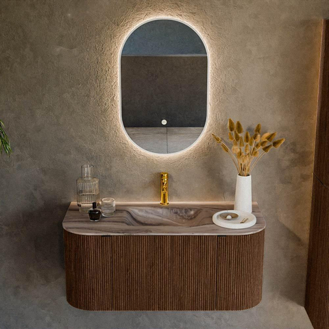 MONDIAZ KURVE-DLUX 100cm badmeubel ronding Links + Rechts kleur Walnut met 1 lade en 2 deuren. Wastafel GRUNNE Midden 1 kraangat Sombra. SW1433627