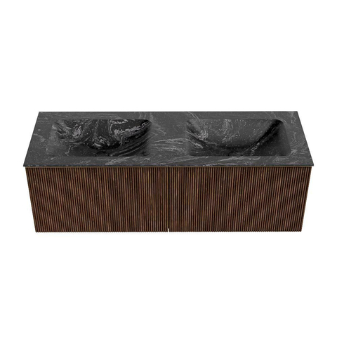 MONDIAZ KURVE-DLUX Meuble de salle de bains 130 cm couleur Walnut avec 2 tiroirs. Lavabo LEAF double 2 trous de robinet couleur Lava. SW1137273