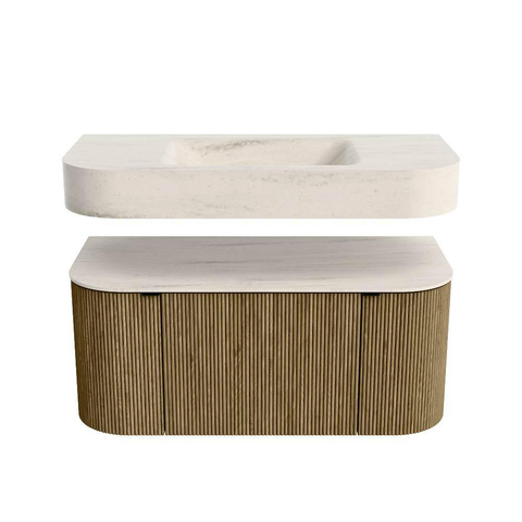 MONDIAZ THOR-DLUX 100cm meuble de salle de bains arrondi gauche + droite couleur Dusk avec 1 tiroir et 2 portes. Vasque suspendue CLOUD Milieu 1 trou de robinet couleur Meli. SW1467481