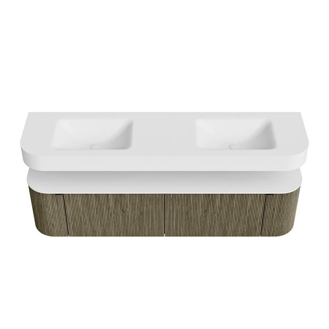 MONDIAZ THOR Meuble de salle de bains 180cm arrondi gauche + droite couleur Shadow avec 2 tiroirs et 2 portes. Vasque suspendue CLOUD Double sans trou de robinet couleur Talc. SW1466051
