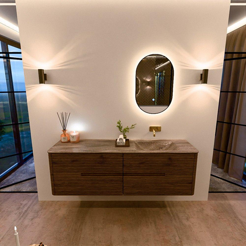Mondiaz CIRO-DLUX Ensemble de meubles de salle de bains - 160x45x50cm - plan vasque Solid surface Oza - 1 vasque à droite - sans trous de robinet - 4 tiroirs - Dusk SW1533299