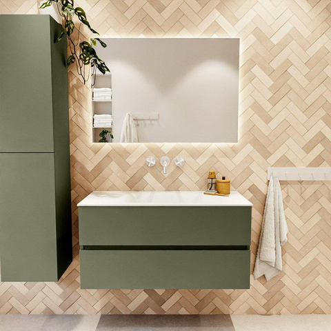 Mondiaz VICA Ensemble meuble de salle de bains - 100cm - army - 2 tiroirs - Lavabo MOON - milieu - sans trou de robinet - couleur talc - Version XL 60cm de hauteur SW1189288