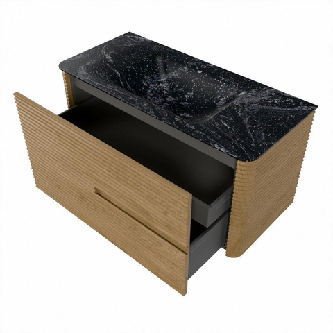 Mondiaz CIRO-DLUX Meuble de salle de bains - 100x45x50cm - Plan-vasque solid surface Lava - 1 cuve au milieu - sans trous de robinetterie - 2 tiroirs - Chêne SW1531071