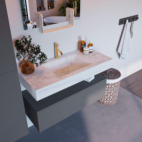 Mondiaz ALAN-DLUX Ensemble de meuble - 100cm - meuble Plata mat - 1 tiroir - Lavabo Cloud Opalo suspendu - vasque Centre - 1 trou de robinet SW807009