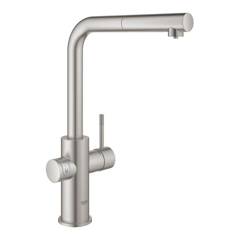 Grohe Blue Home Keukenkraan - uittrekbare L uitloop - 1 gats - filterfunctie - plat licht en bruisend water - Brushed Supersteel (RVS) SW236968