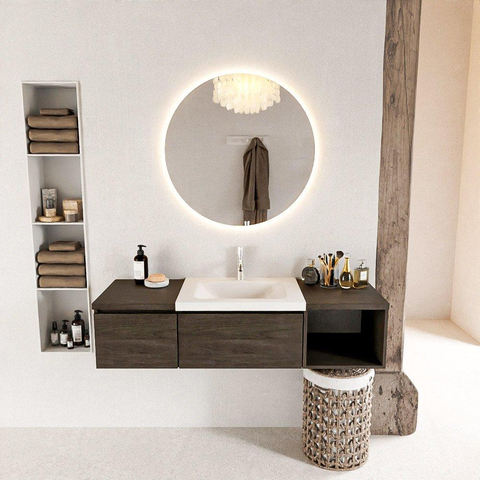MONDIAZ BUKLA meuble de salle de bain 140 cm avec module ouvert 40 à droite couleur Marron Foncé avec 2 tiroirs. Lavabo CLOUD centre 1 trou de robinet couleur Talc. SW1381968