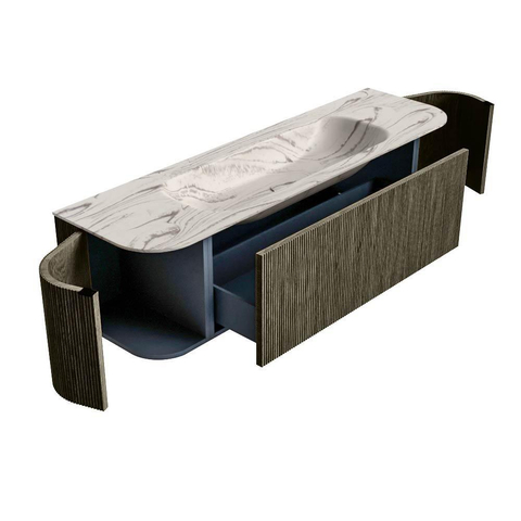 MONDIAZ KURVE-DLUX Meuble de salle de bains 160cm courbure Gauche + Droite couleur Shadow avec 1 tiroir et 2 portes. Lavabo BIG MEDIUM Centre sans trou de robinet Nata. SW1432295